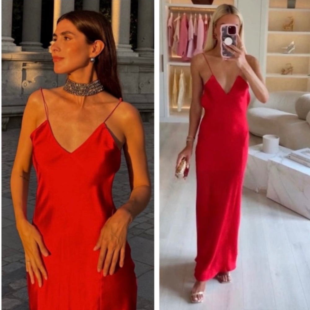 ๐(NWOT) ZARA Bloggers Fav Open Back Satin Maxi Dress in Red. Size SMALL - Picture 3 of 16